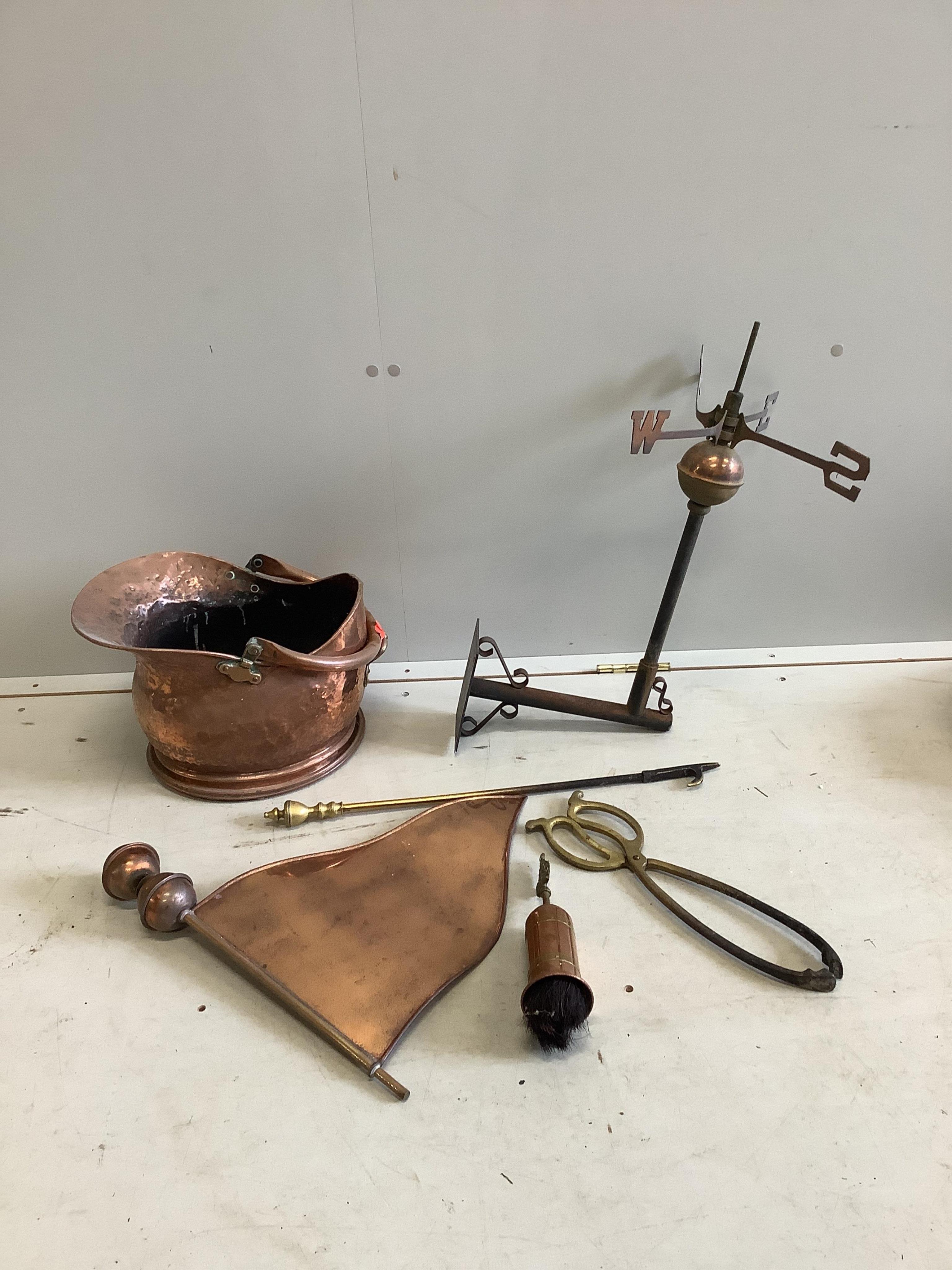 A copper and brass weather vane, warming pan and sundry metalware. Condition - poor to fair